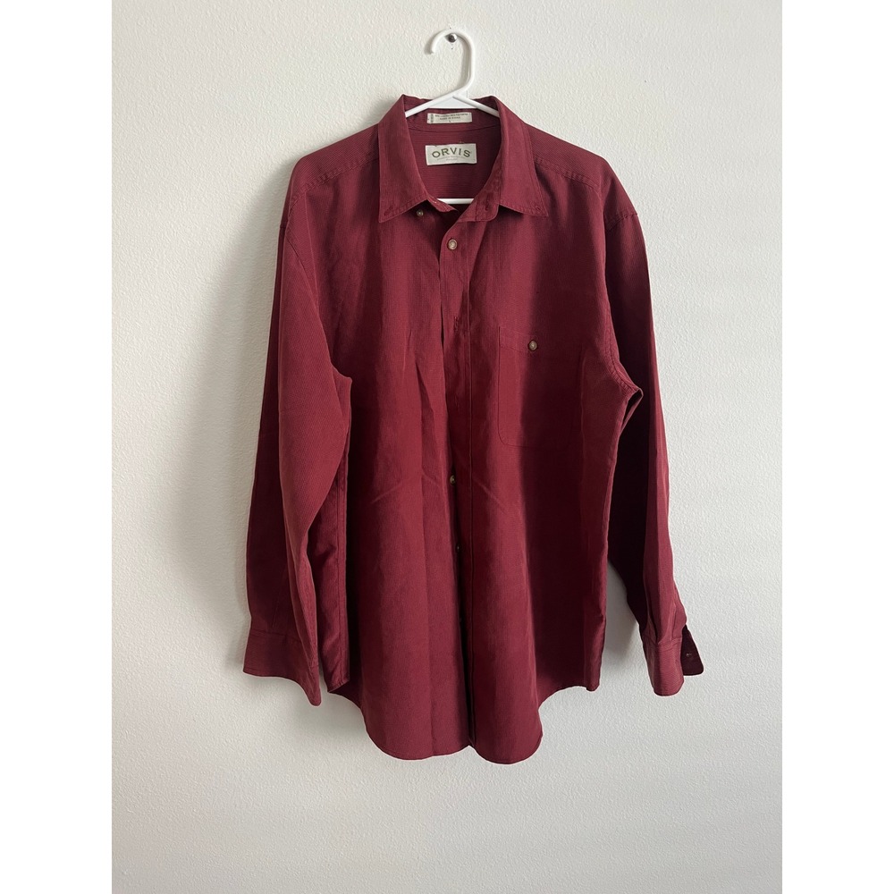 Orvis Mens Large Burgundy Check Button Down Shirt Lyocell Blend Long Sleeve‎